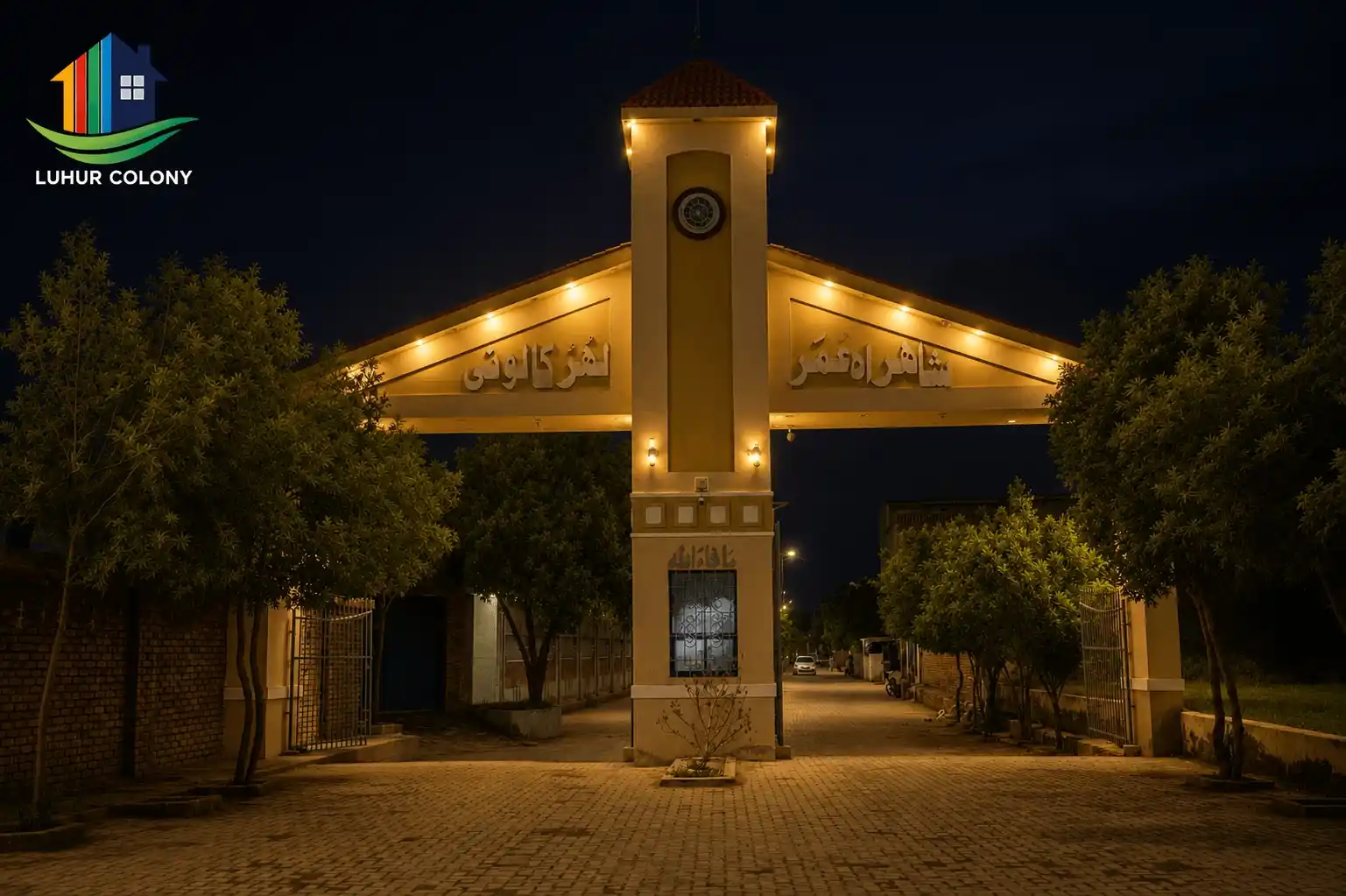 Luhur Colony main gate illuminated at night