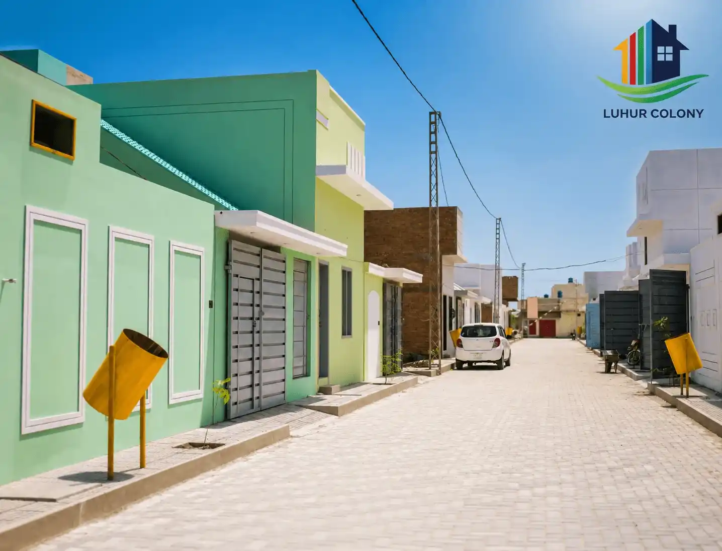 Street view of Luhur Colony's villa row on a paved, lit road